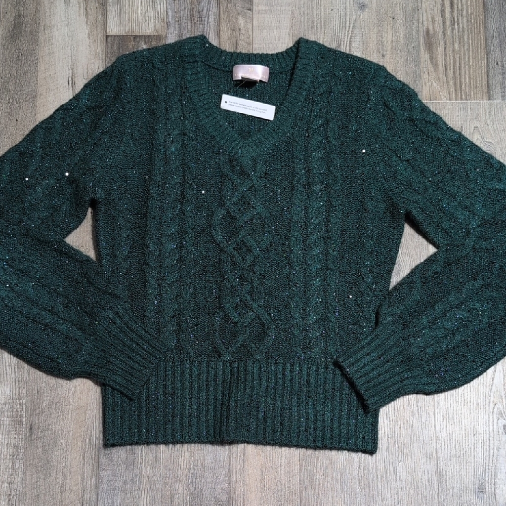 Rachel Parcell Green V-Neck Sequin Sweater